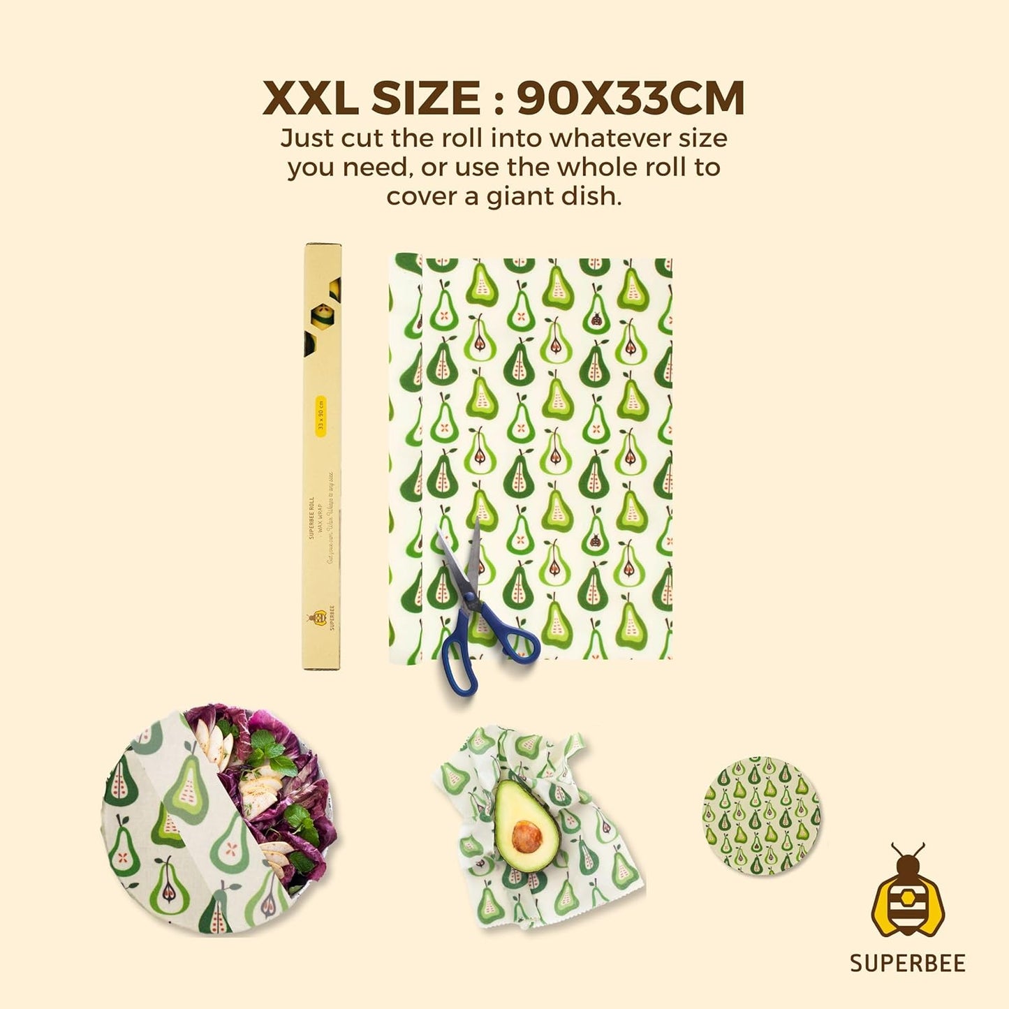 SUPERBEE Beeswax Wrap Roll XL, Reusable Beeswax Wrap for Food, Wrap Roll, Reusable for Wrapping Vegetables, Cheese Paper, Bowl Covers and Sandwich Wrapping Paper, Pears - 35x13"