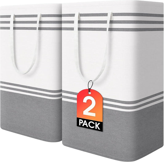 2 Pack Large Home Laundry Basket, Laundry Hamper, Freestanding Waterproof Dirty Clothes Bag, Tall Clothes Hamper - Extended & Reinforced Handles for College Dorm, Family (Light Grey/88L)