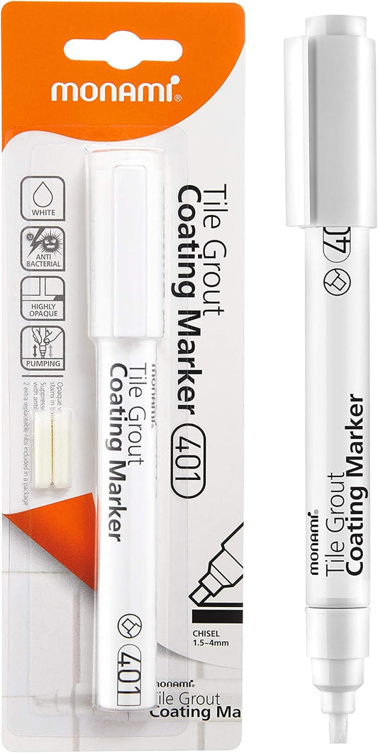 MONAMI Tile Grout Coating Marker 401, Chisel Tip (1.5~4mm), Repair Marker with Replaceable Nib Tips to Restore Grout Lines, White, 1 Marker + 2 Extra Tips