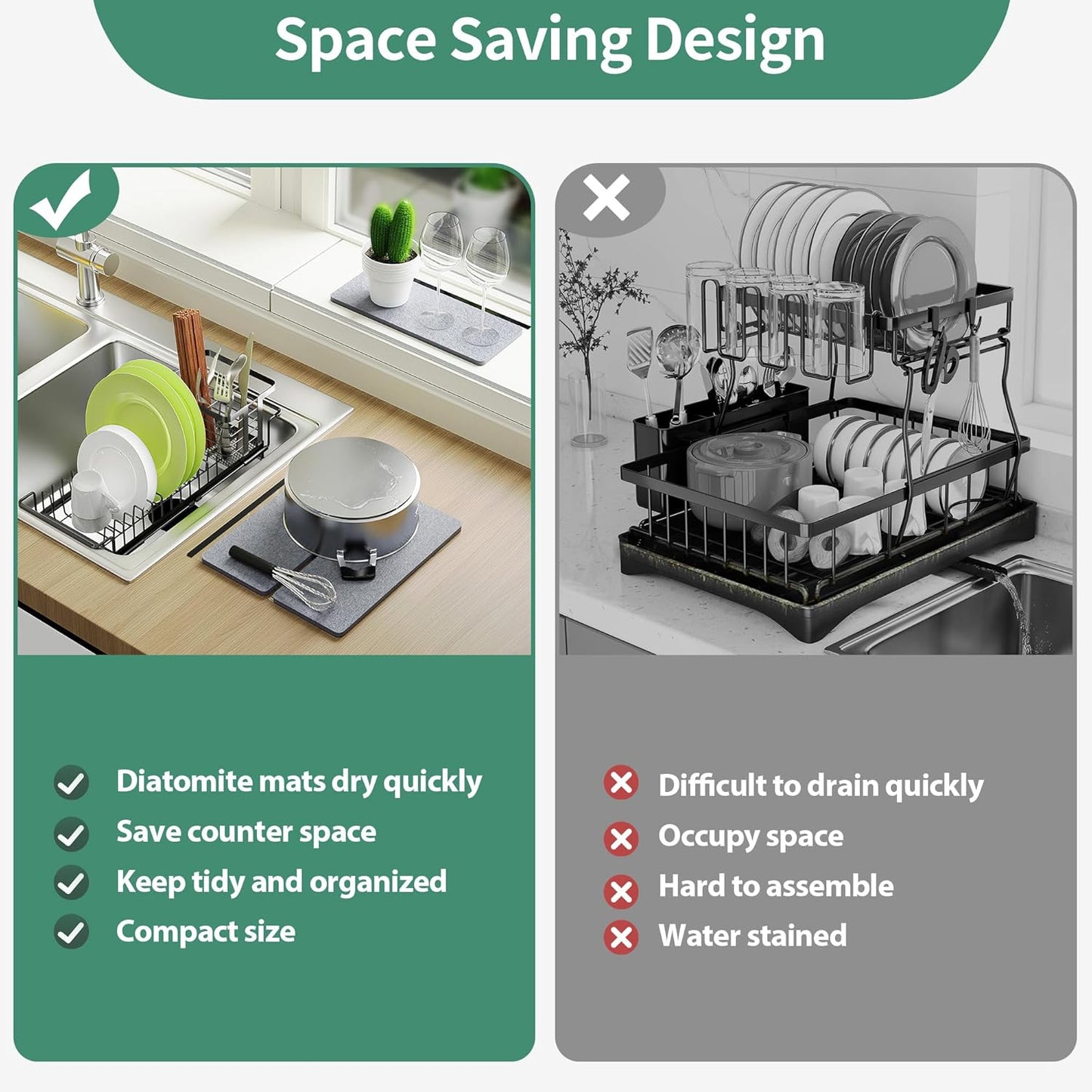YIGII Dish Drying Rack with 3 X Diatomite Dish Mat- Expandable Dish Drainer for Kitchen in Sink/Countertop Dry Rack, Fast Drying Stone Mat, Dish Rack with Utensil Holder, 5.4”W x 12.1”-18.9”L