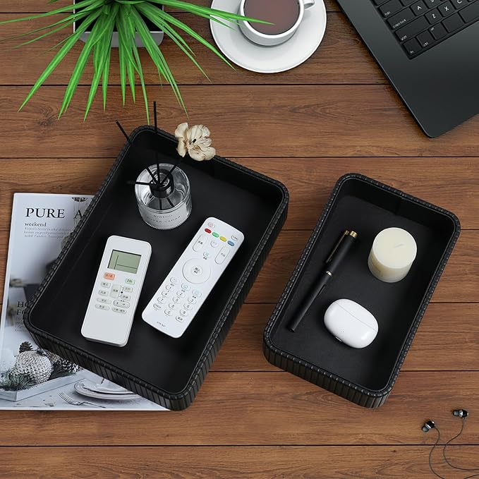 2 Pack Nightstand Organizer Tray, Decorative Perfume Valet Tray Trinket Dish Catch All Purse Key Bowl, PU Leather Coffee Table Trays for Vanity Dresser Bedside Bathroom Countertop (Black)