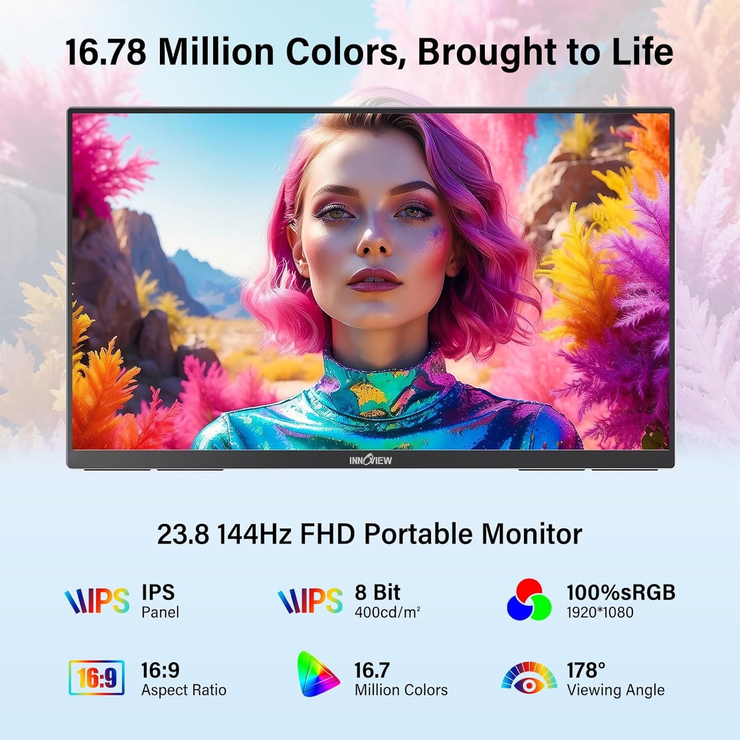 InnoView Large Portable Monitor 23.8inch FHD 1080P 144Hz USB-C, HDMI Computer Display HDR 100% sRGB IPS Gaming Monitor W/180°Adjustable DC Eyes Care Stand for Laptop PC MAC Phone PS4 Xbox Switch