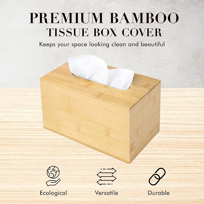 JUSK Design Tissue Box Holder - Modern, Minimalist, and Durable Wooden Tissue Box with Sliding Bottom, Easy-Refill- Premium-Quality Bamboo Tissue Box Cover, Fits 230-Count Box, Tall Rectangular