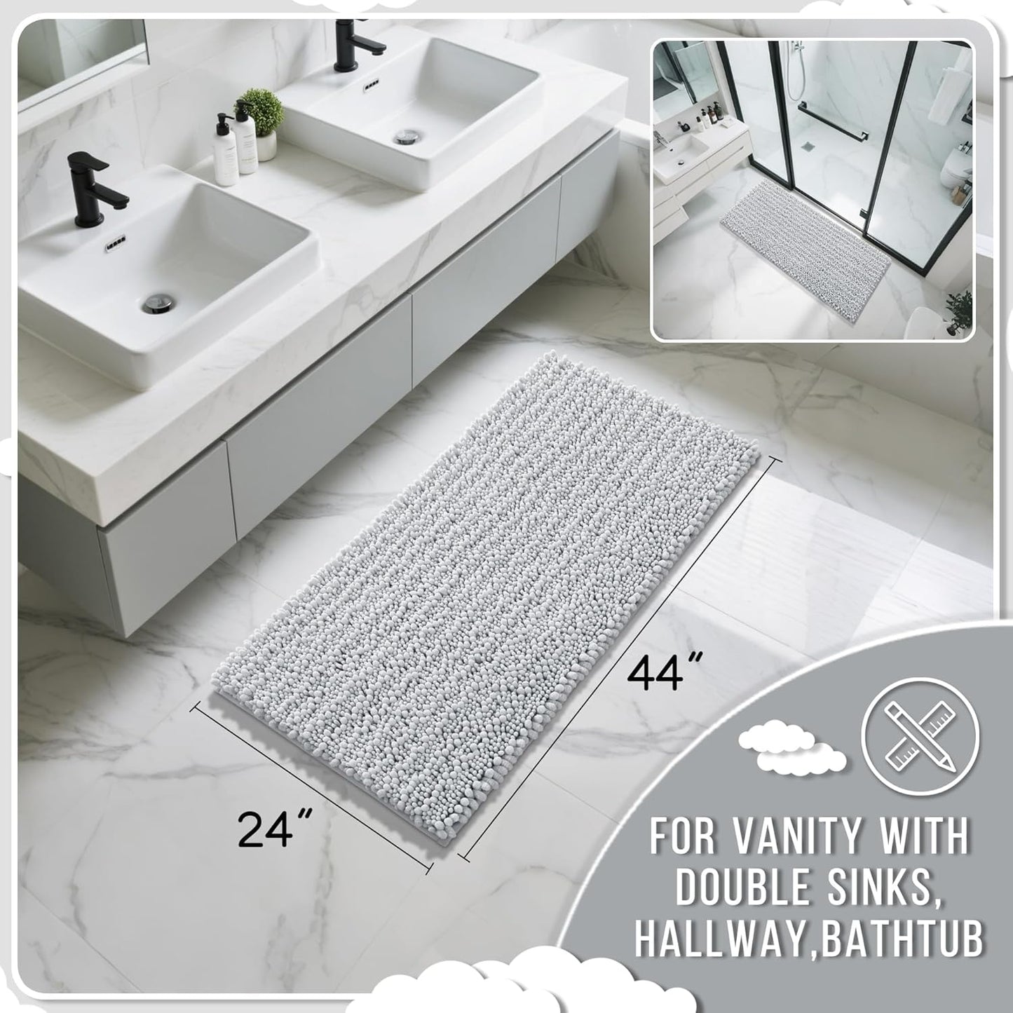 Yimobra Long Bathroom Rugs Non Slip Washable 44x24 Inch - Ultra Soft Absorbent Chenille Bath Mat, Quick Dry Shaggy Floor Carpet for Tub Shower, Silver Home Decor Accessories