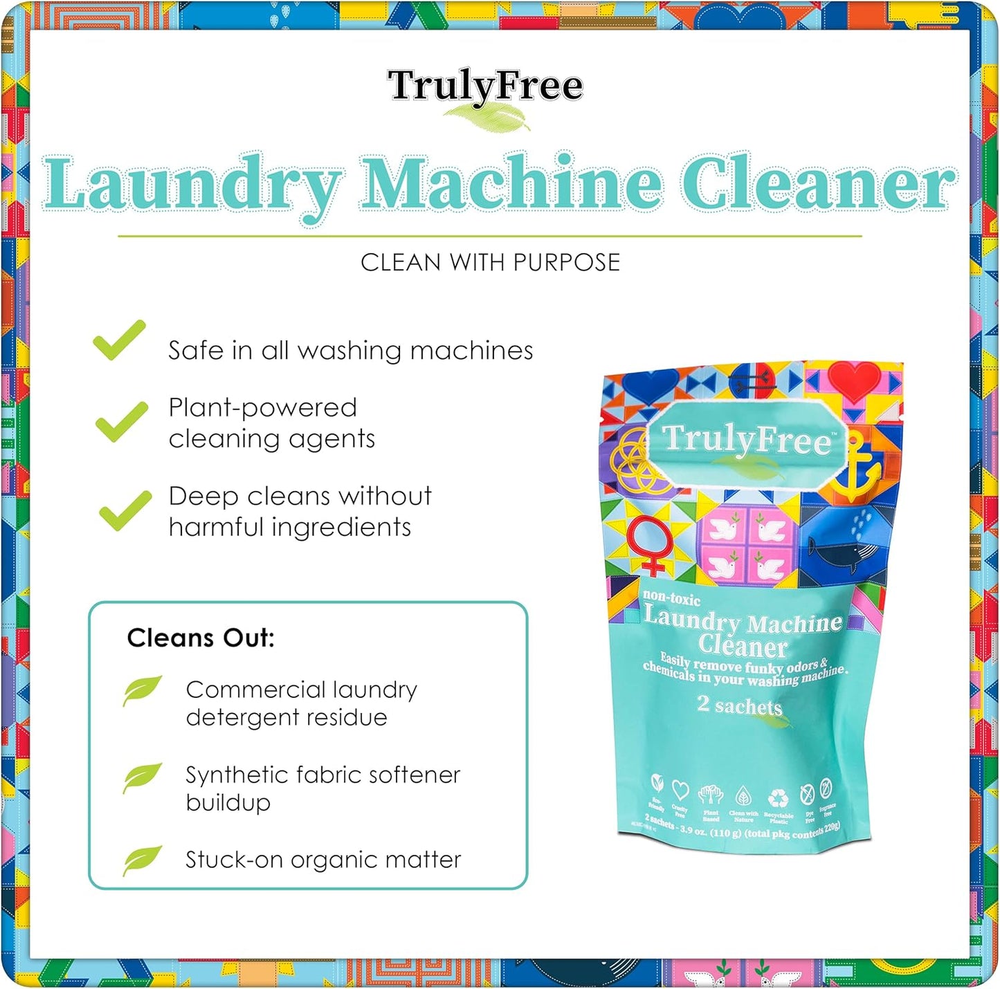 Truly Free Laundry Washing Machine Cleaner and Deodorizer | Top Load & Front Load Washer Cleaner for Grime, Mold, Odor Remover | Safe for HE Washing Machines & Septic Tanks, Non Toxic, Natural, Clean