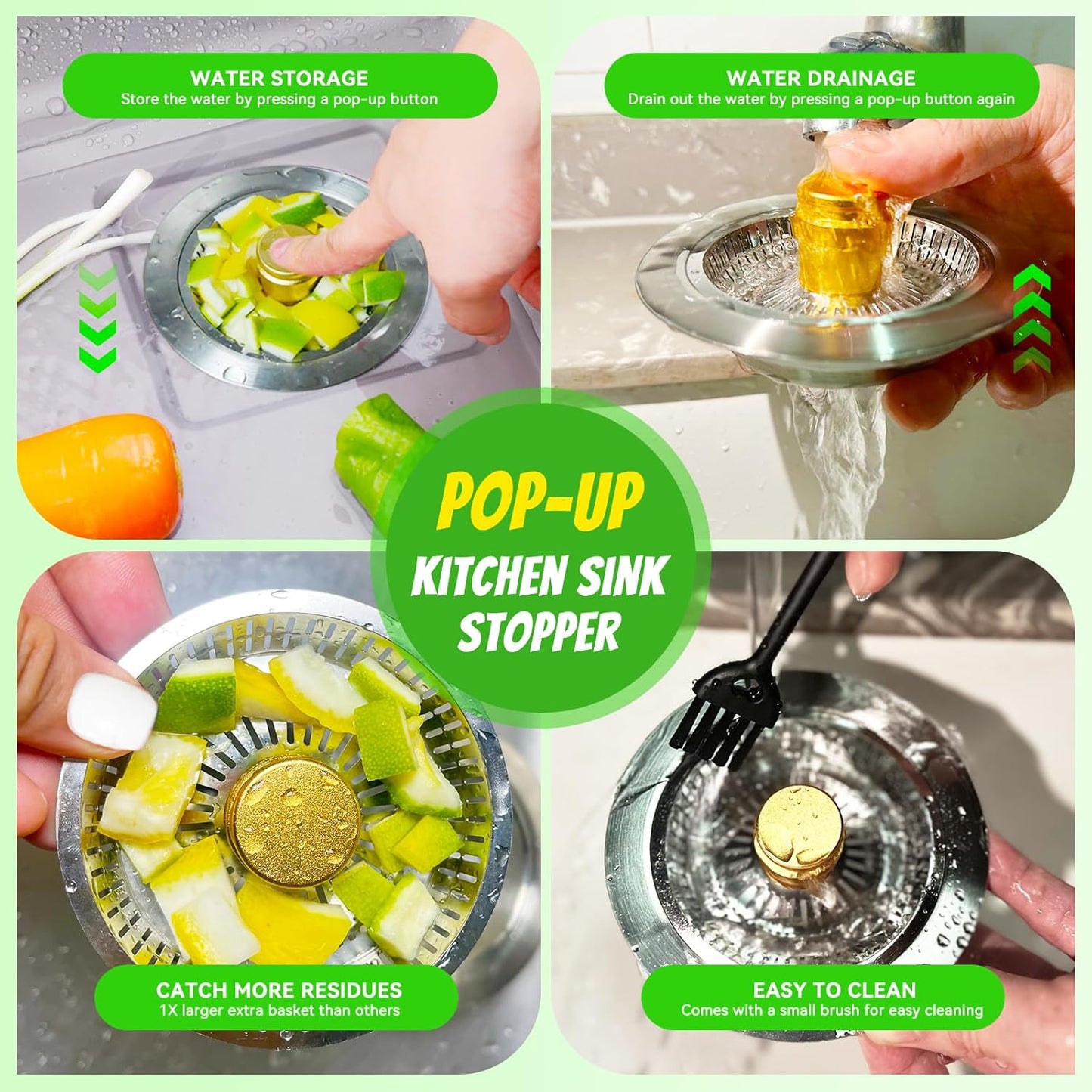 Kitchen Sink Drain Strainer, Pop-up Sink Stoppers, 3 in 1 Sink Drain Strainer, Upgraded Larger Sink Strainer Filter Basket, Cleaning Brush for US Sink Standard 3-1/2 Inch Drain Strainers