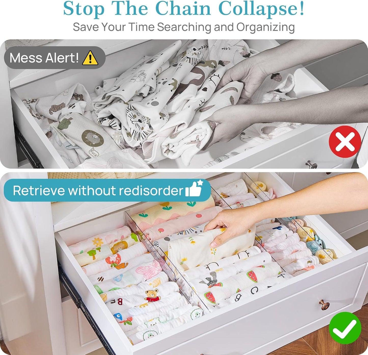 Vtopmart 18 Pack Drawer Dividers for Clothes, 4" High 10.2"-16.5" Adjustable Expandable Dresser Drawer Organizer, Clear Plastic Separators for Dresser, Baby Clothing, Underwear, Cosmetic, Toiletries