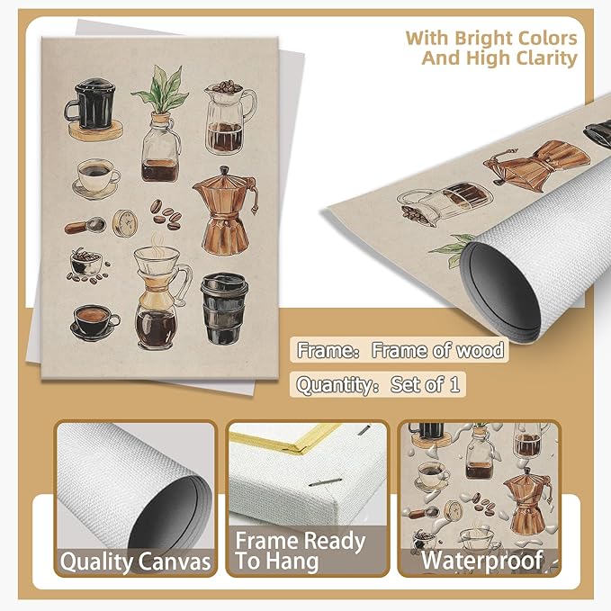 Vintage Espresso Coffee Chart Canvas Print Poster Kitchen Supplies Wall Art Minimalist Watercolor Painting Home Decor Aesthetic Pictures for Dining Room Cafe Shop Restaurant 20x30inch Framed