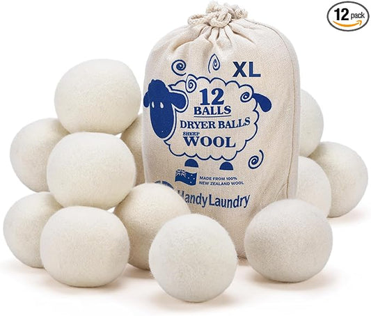 Handy Laundry Wool Dryer Balls - Natural Fabric Softener, Reusable, Reduces Clothing Wrinkles and Saves Drying Time, Better Alternative to Plastic Balls and Liquid Softener (Pack of 12)