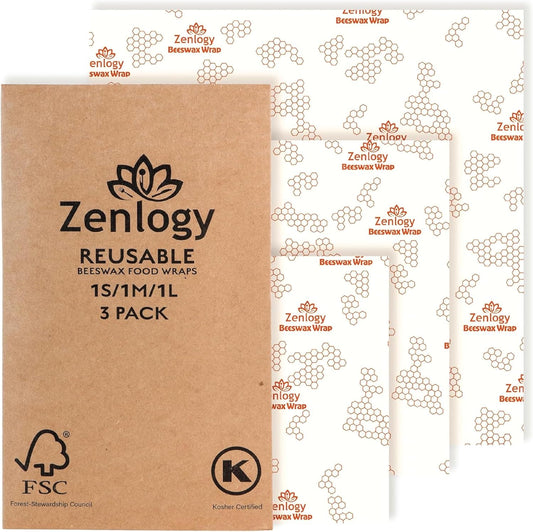 Zenlogy Reusable Beeswax Food Storage Wrap, Eco Friendly Alternative, Sustainable Organic Cut to Size Cotton Beeswax Wraps, 3 Pack (13" x 14", 10" x 11", 7" x 8")