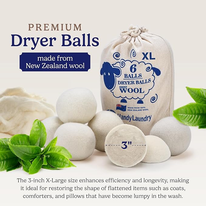 Handy Laundry Wool Dryer Balls - Natural Fabric Softener, Reusable, Reduces Clothing Wrinkles and Saves Drying Time, Better Alternative to Plastic Balls and Liquid Softener (Pack of 6)