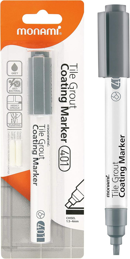 MONAMI Tile Grout Coating Marker 401, Chisel Tip (1.5~4mm), Repair Marker with Replaceable Nib Tips to Restore Grout Lines, Grey, 1 Marker + 2 Extra Tips