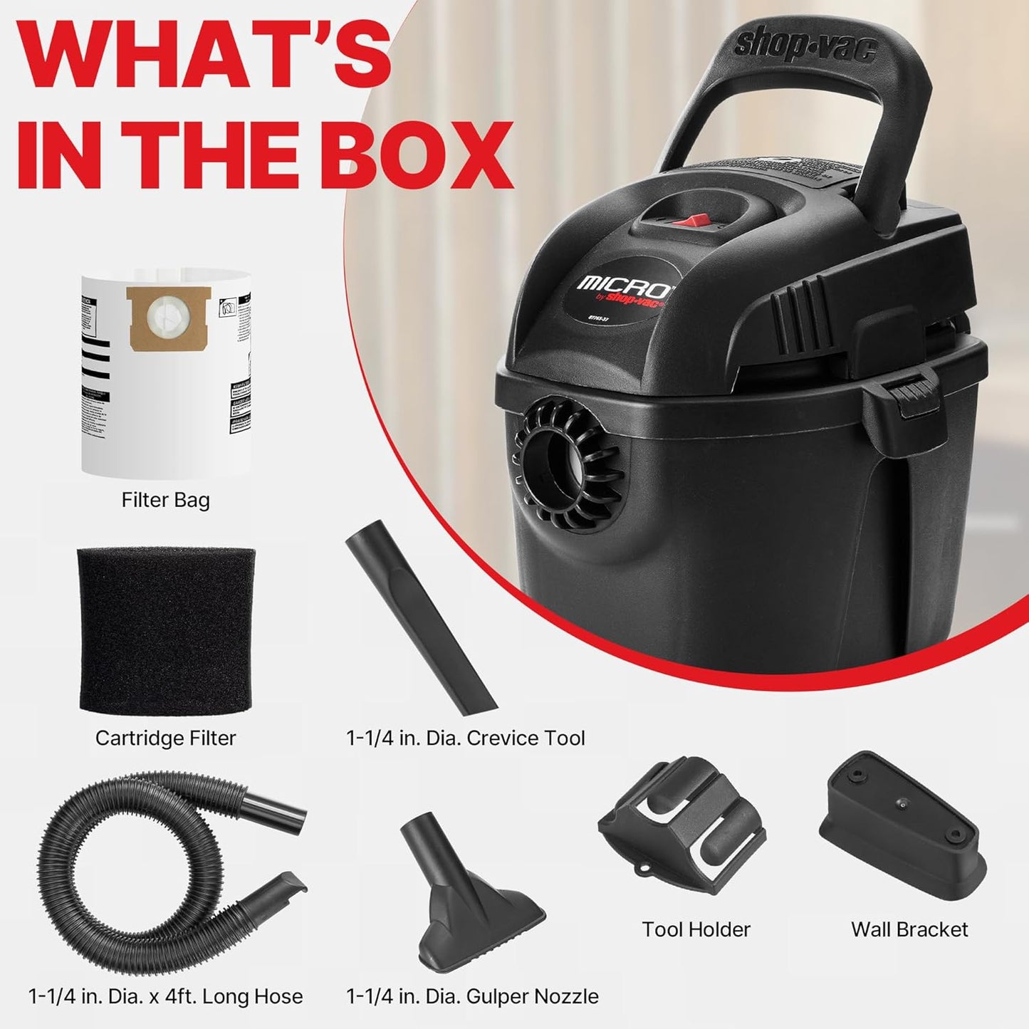 Shop-Vac 2021005 1 Gallon Micro Wet/Dry Vacuum, 1.0 Peak HP, 1.25 Inch Diameter x 4 Foot Hose, 6 Food Cord, Lightweight And Portable, Quick Wet/Dry Pickup