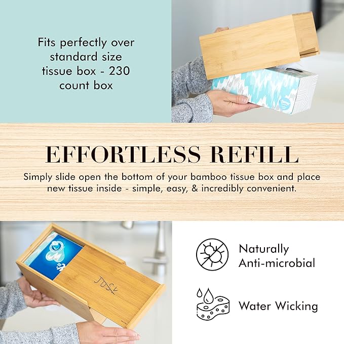 JUSK Design Tissue Box Holder - Modern, Minimalist, and Durable Wooden Tissue Box with Sliding Bottom, Easy-Refill- Premium-Quality Bamboo Tissue Box Cover, Fits 230-Count Box, Tall Rectangular