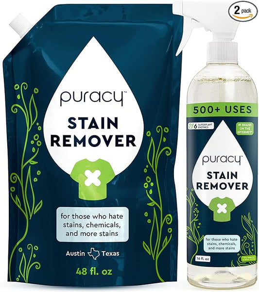 Puracy Stain Remover, Natural Based Travel and Laundry Stain Cleaner for Clothes, Baby Essentials, Kids Stains, Oil and Fabric Spot Cleaner, Unscented (Stain Remover Spray and Refill, 64 fl oz)