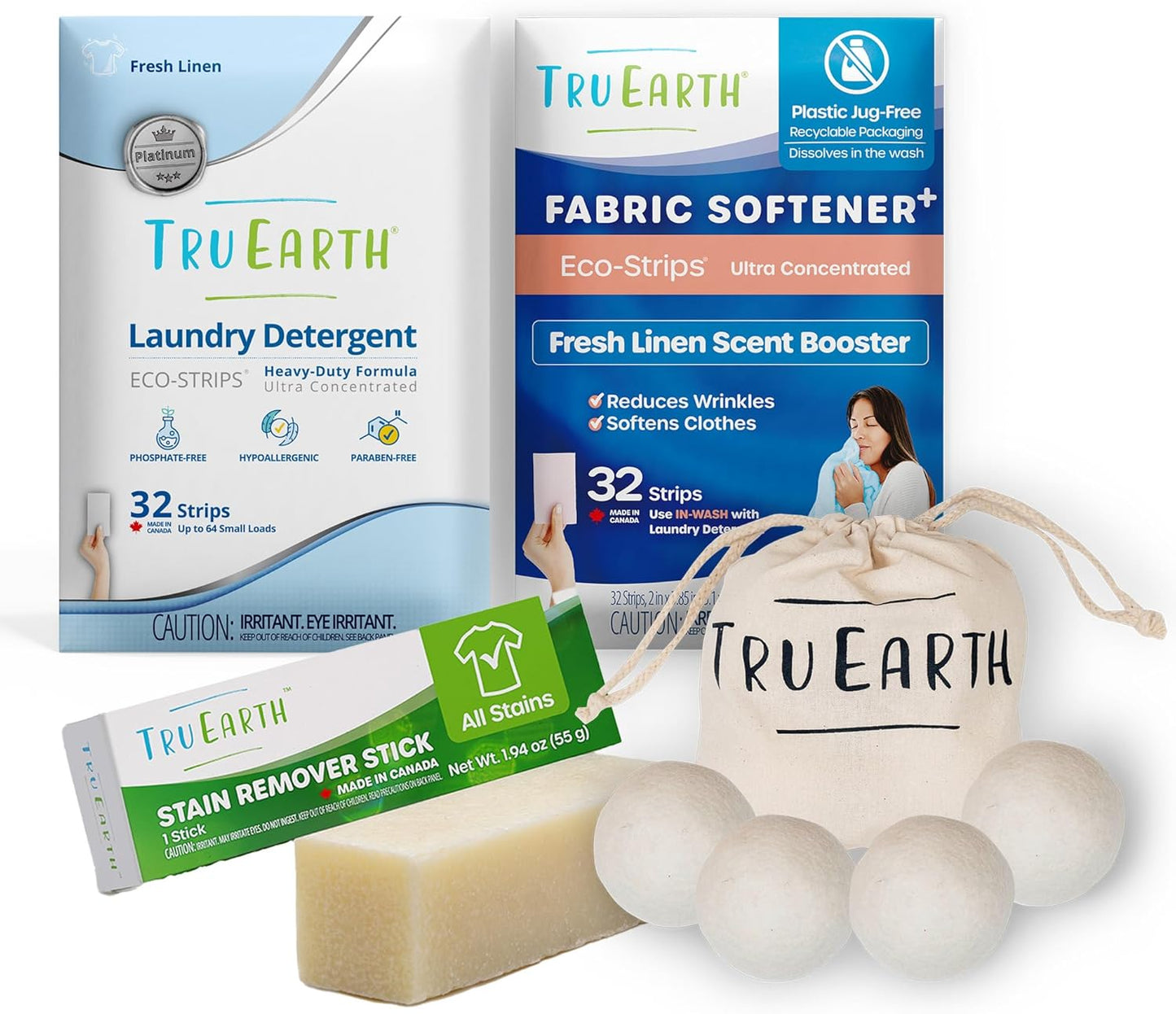 Tru Earth Platinum Laundry Essentials Bundle - Laundry Detergent Bundles Set with Fabric Softener, Laundry Sheets, Stain Remover Stick and Dryer Balls - Fresh Linen