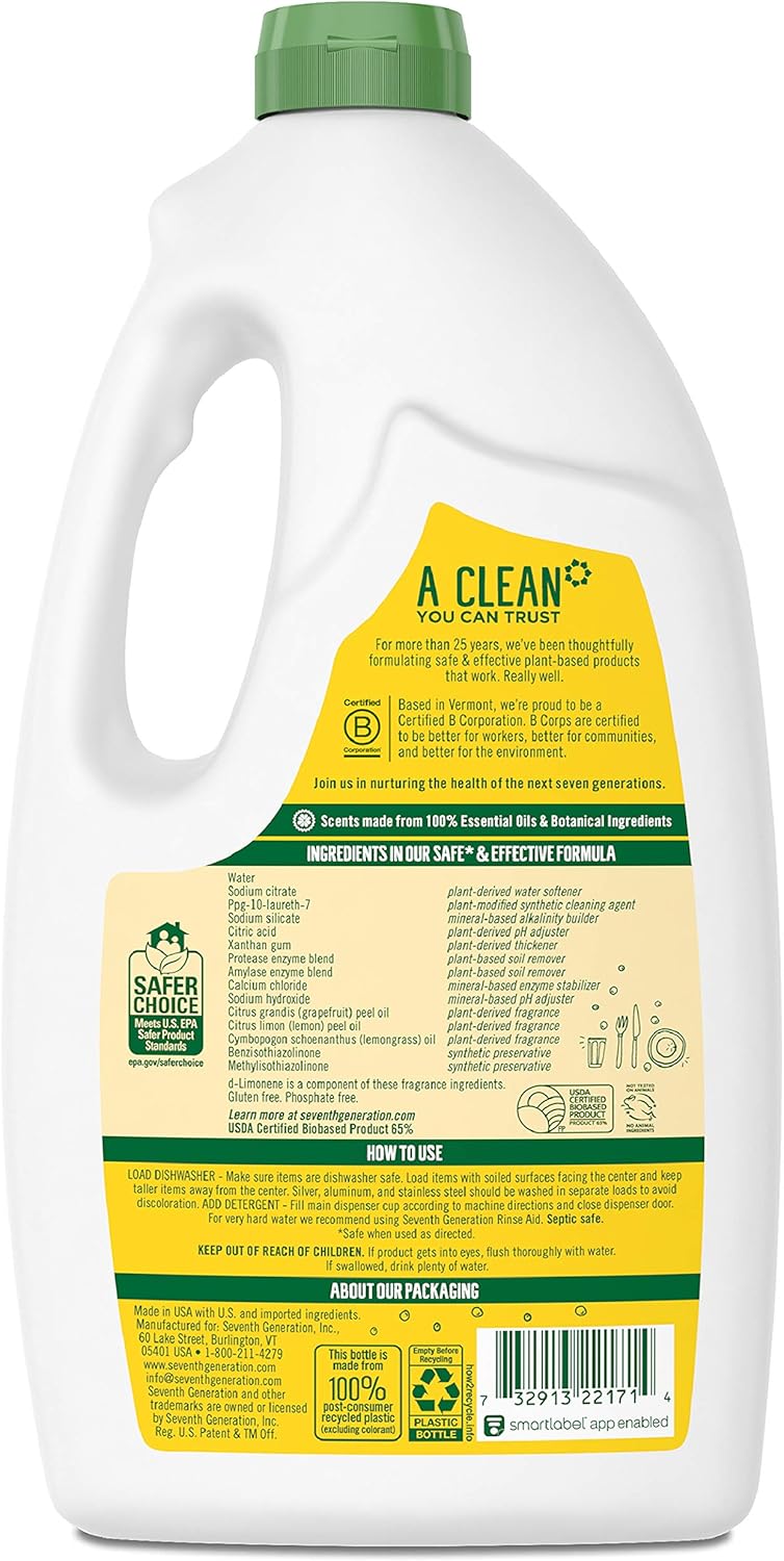 Seventh Generation Dishwasher Detergent Gel Deep Cleaning Lemon Plant Based 42 oz