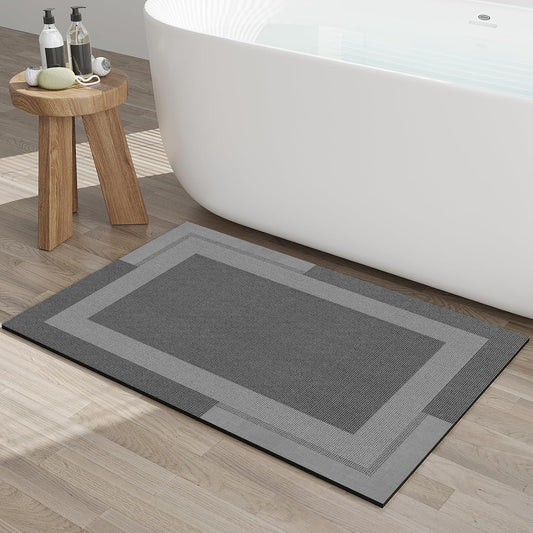Non Slip Bath Mat, Rubber Backing Ultra Thin Bathroom Rugs Fit Under Door Quick Dry Super Absorbent Washable Bath Rug Shower Mat for Bathroom Floor Bathtub Sink, Easy Care Dark Grey 16"x24"
