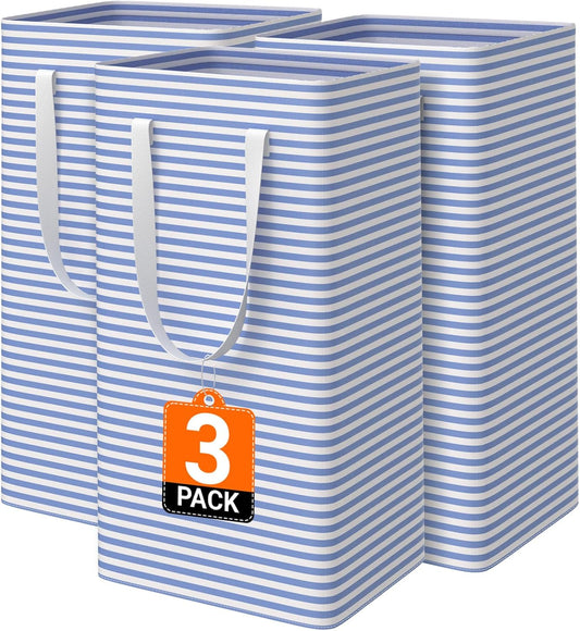 3 Pack Large Laundry Basket,Waterproof & Freestanding Laundry Hamper,Collapsible Clothes Hampers with Easy Carry Long & Reinforced Handles in Bathroom,College Dorm(88Lx3,Blue)