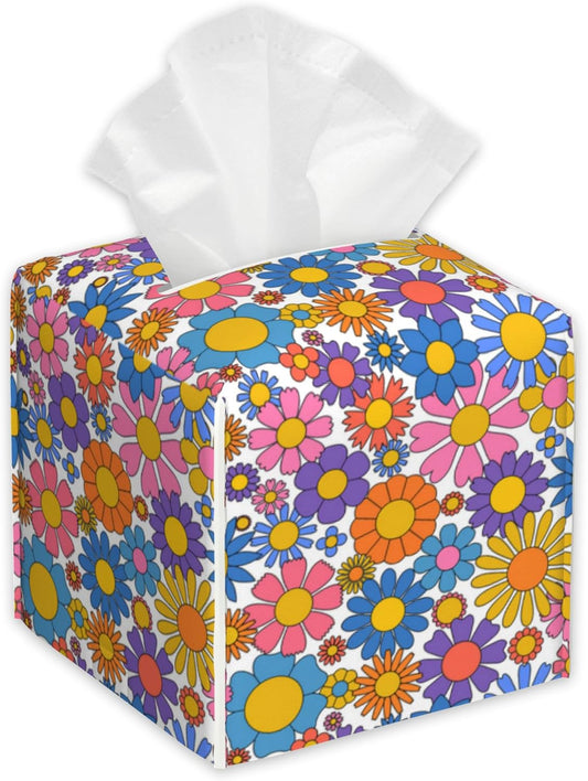 Groovy Flower Tissue Box Cover Square,Spring Daisy Tissue Box Holder with Belt Bottom,Stylish Leather Napkin Holder for Vanity Countertop,Nightstands,Office Desk,5.2"×5.2"×5.2"