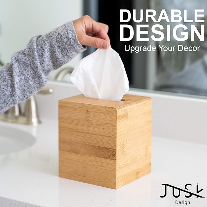 JUSK Design Tissue Box Holder - Modern, Minimalist, Durable Wooden Box with Sliding Bottom, Easy-Refill - Premium-Quality Bamboo Cover, Square