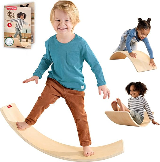 Fisher-Price Wood Montessori Toy Rockin' Balance Board, American Montessori Society Seal of Excellence, 31.7-Inch Wooden Motor Skills Learning Activity for Kids Ages 3+ Years(Amazon Exclusive)