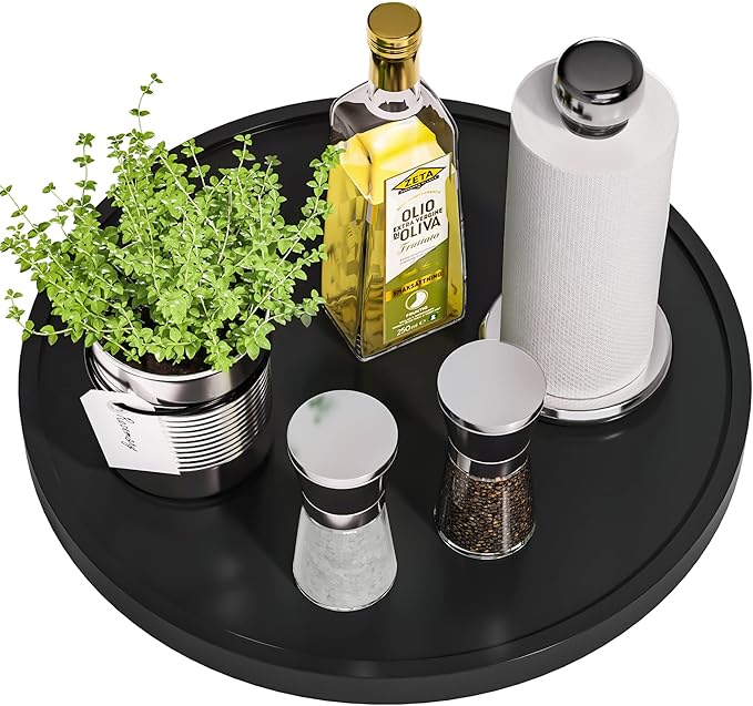 Lazy Susan Organizer, 13.2 Inch Non-Skid Bamboo Lazy Susan for Kitchen Table cabinets Closets and Kitchen Islands, Wood Turntable for Kitchen Countertop Organizer Black