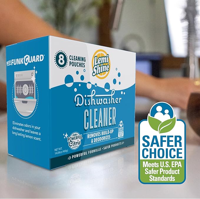 Lemi Shine Natural Dishwasher Cleaner - Hard Water Citric Acid Cleaning Powder - Lemon Scented Eco-Friendly Dishwasher Cleaner & Deodorizer - 14.08 oz (8 Pack)