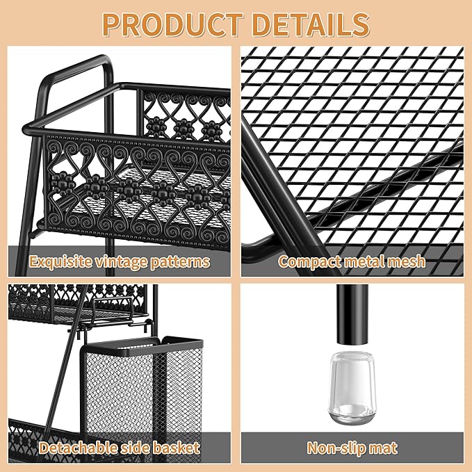 Vintage 3 Tier Spice Rack Organizer for Kitchen Counter, Bathroom Counter Organizer with Bonus Basket, 3 Tier Bathroom Counter Organizer for Spices Makeup Perfumes, Retro Countertop Organizer