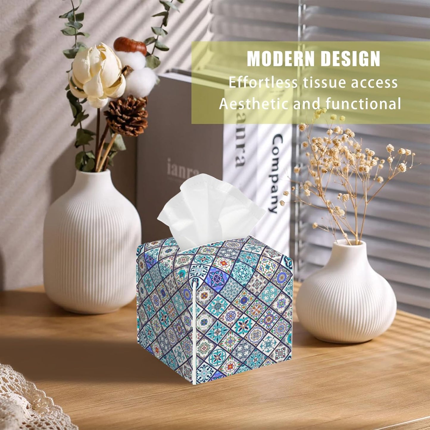 Square Tissue Box Cover Vintage Ceramic Tiles Tissue Box Holder Facial Cube Paper Dispenser Leather Decorative Organizer Home Office Desk Decor, 5.2"x5.2"x5.2"