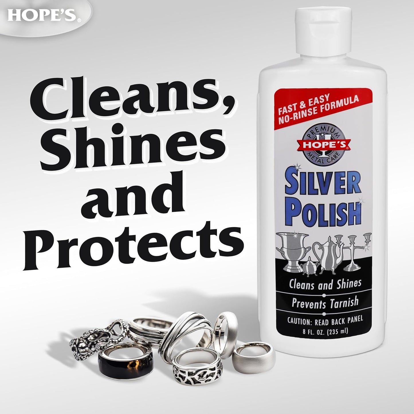 HOPE'S Silver Polish & Cleaner – Protective Tarnish Remover – Odorless – Safe & Gentle – No-Rinse Formula – Fast & Easy – Free of Harsh Chemicals – Will not Scratch – 8 Fl Oz