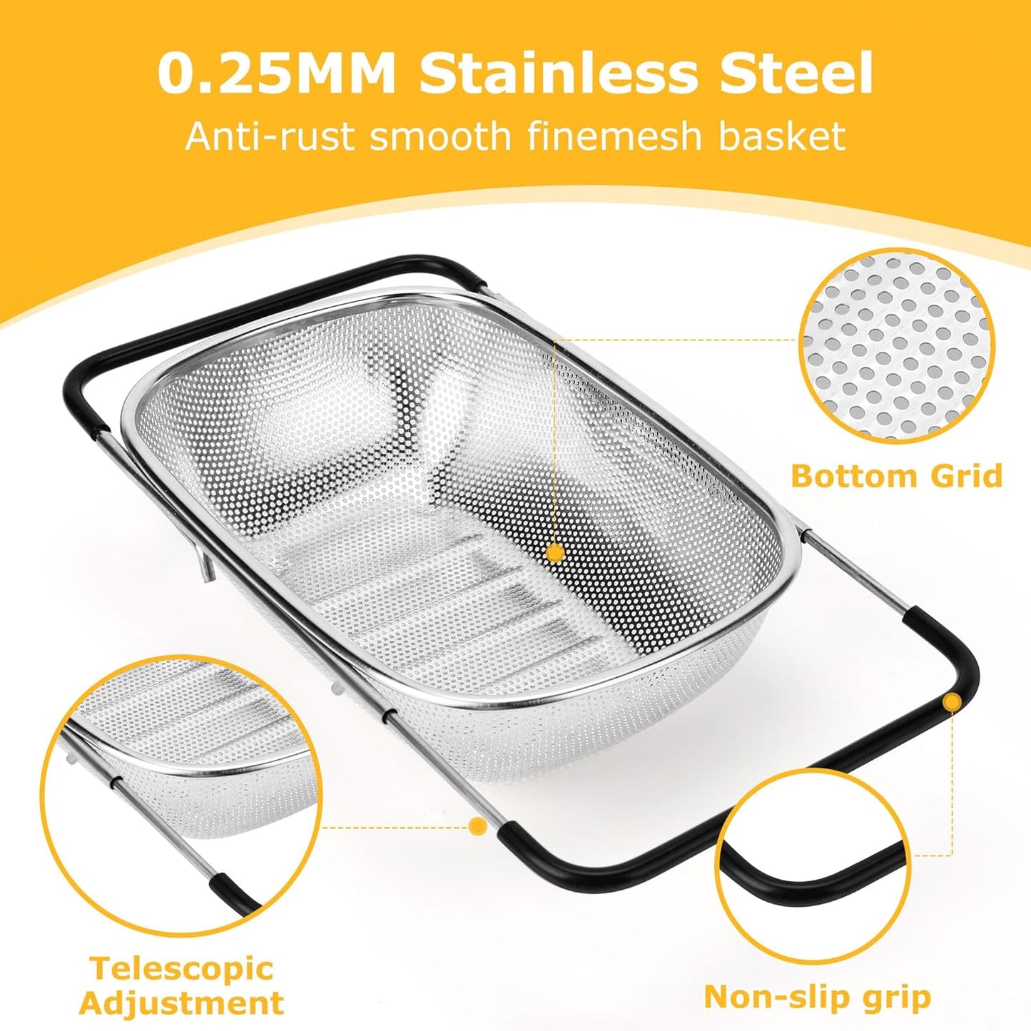 ZDRongZhen Kitchen Accessories Over the Sink Colander Strainer Basket，Stainless Steel Colander with Expandable Rubber Grip Sink Drainer-Rinse Vegetables Fruits &Strain&Drain (Medium-Dense round hole)