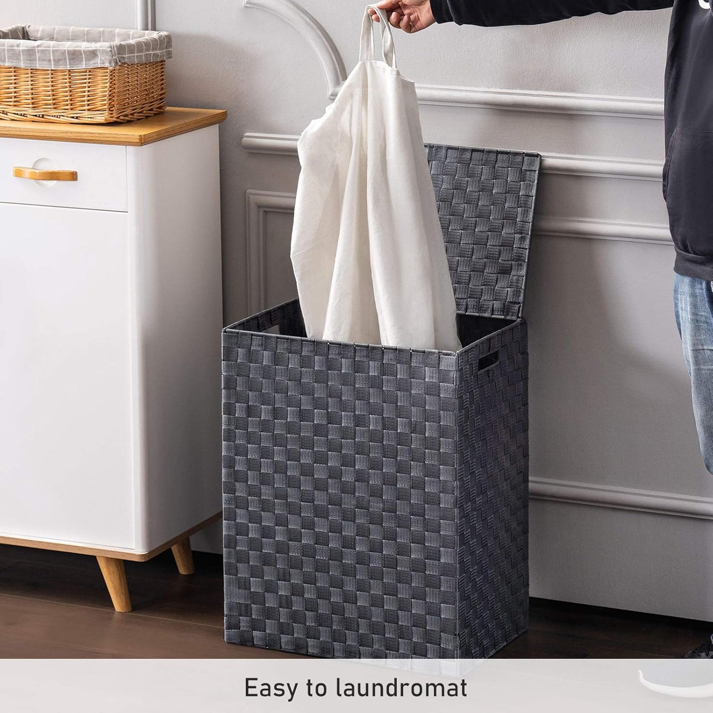 YOUDENOVA Handwoven Laundry Basket Hamper with Removable Liner Bag and Lid, Collapsible Clothes Hamper with Handle, Grey