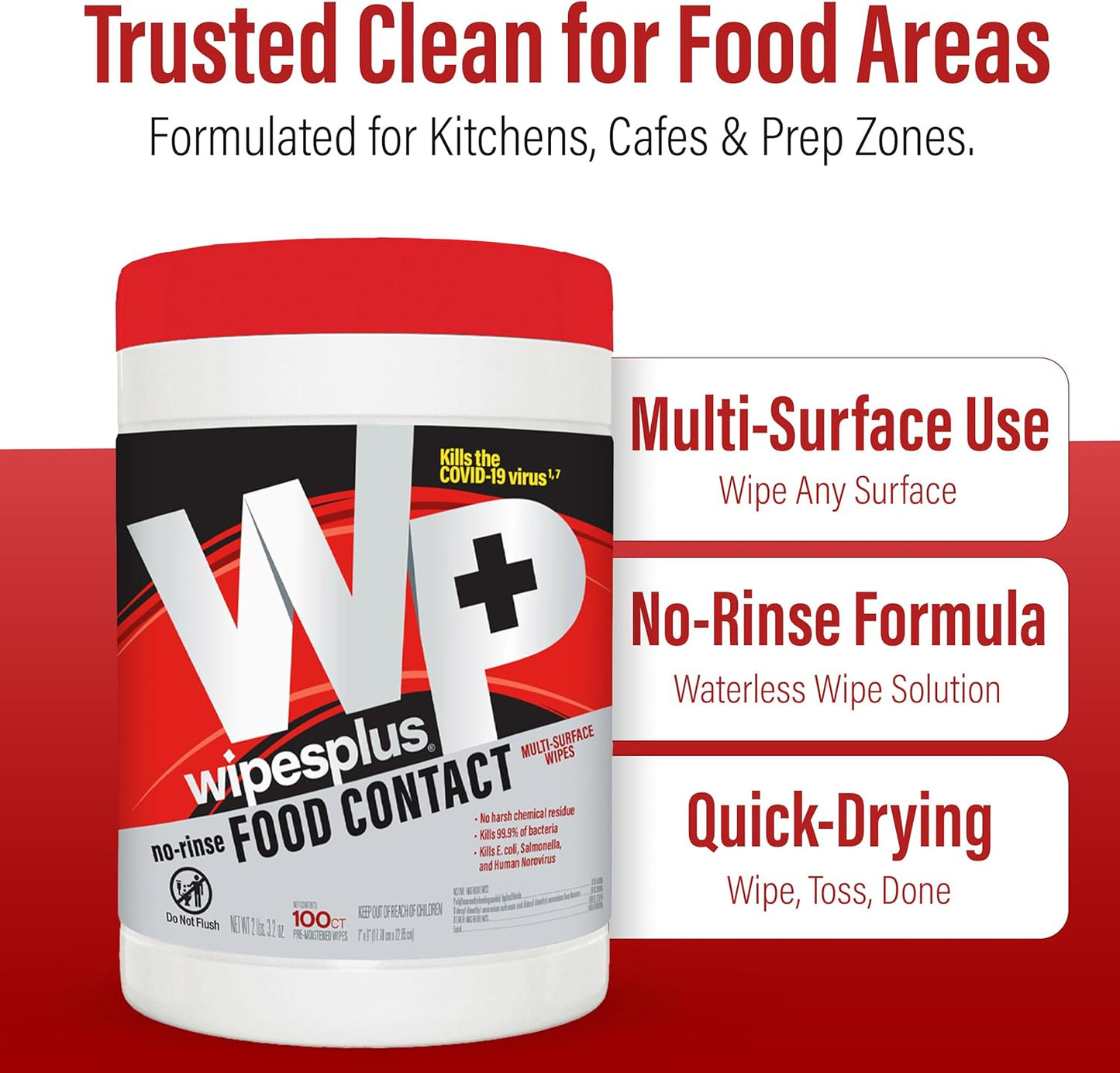 WIPESPLUS No-Rinse Food Contact Wipes Canister Multi-Surface Wipes, Unscented for Home and Business, 100, (1 Pack of 100)