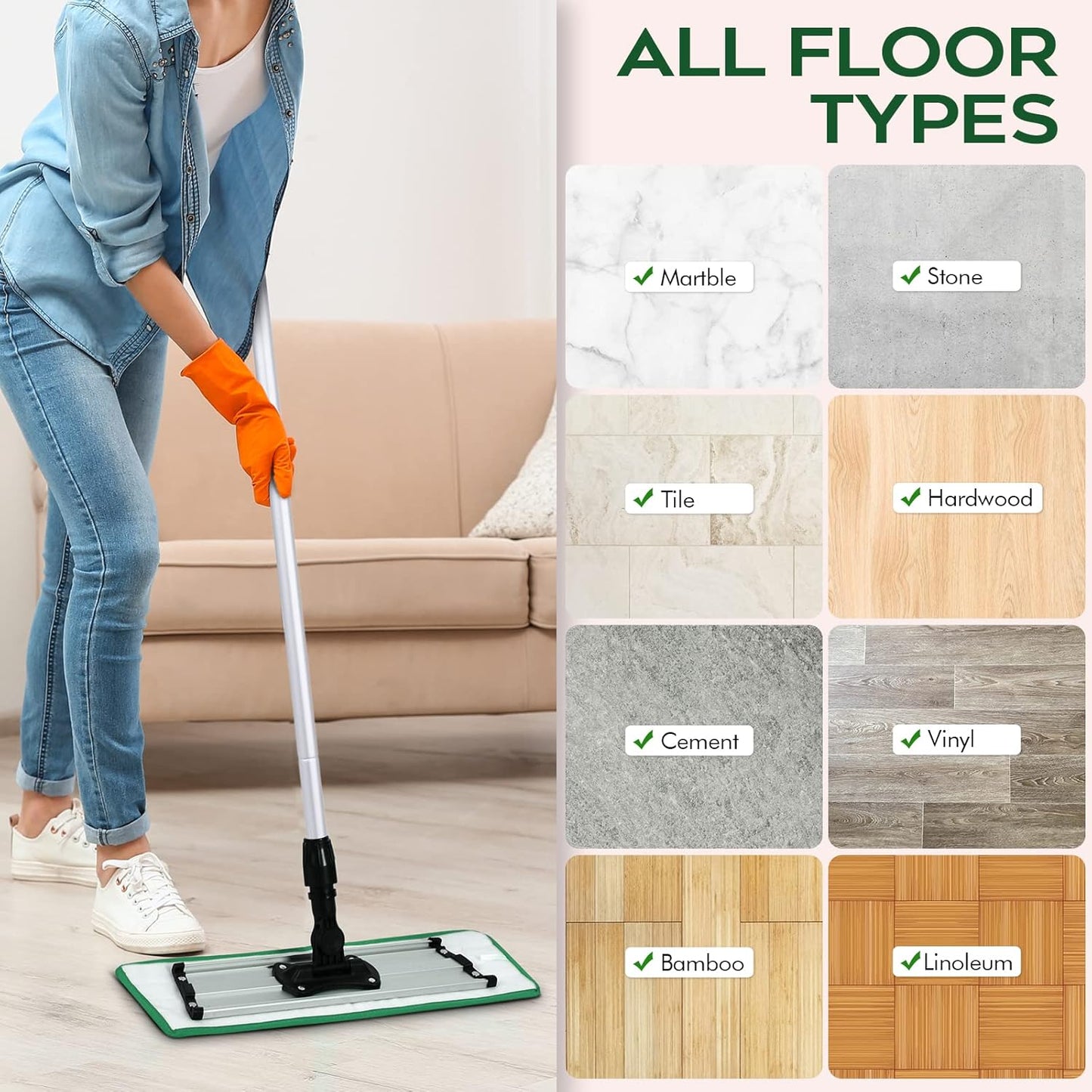 Matthew 18'' Microfiber Mop Replacement Pads for Wet Dry Reusable Mops Floor Home Commercial Cleaning Refills, Machine Washable Compatible with Bona Mop&Any Microfiber Flat Mop System Green (12 Pack)