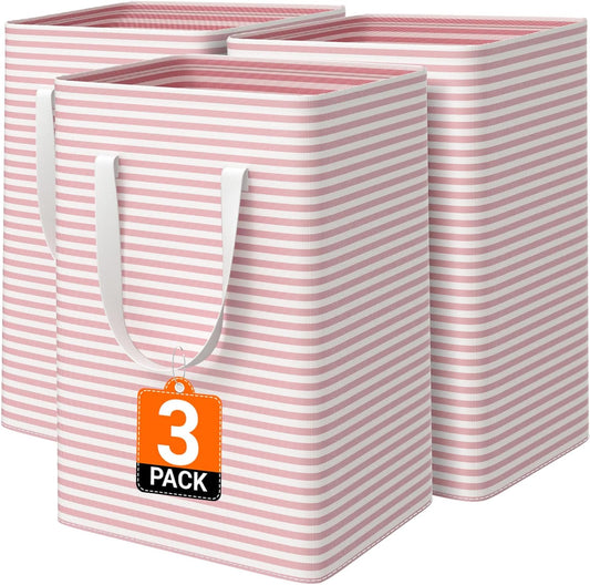 3 Pack Large Laundry Basket,Waterproof & Freestanding Laundry Hamper,Collapsible Clothes Hampers with Easy Carry Long & Reinforced Handles in Bathroom,College Dorm(75Lx3,Pink)
