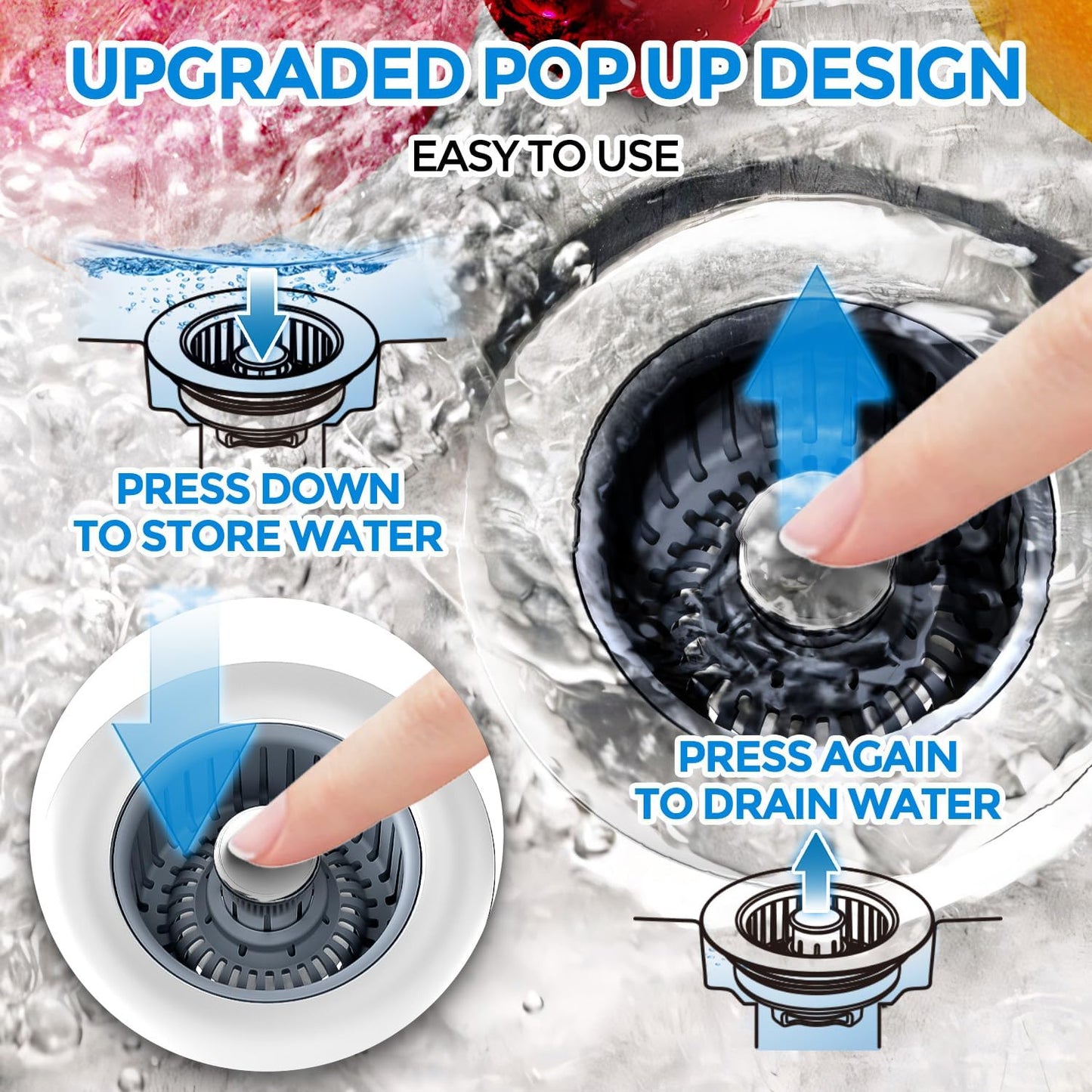 zaa 2 Pack Sink Drain Strainer, Sink Stopper, 3 in 1 Stainless Steel Kitchen Sink Drain Strainer with Anti-Clogging Basket, Fit US Standard 3-1/2 Inch Drain Hole
