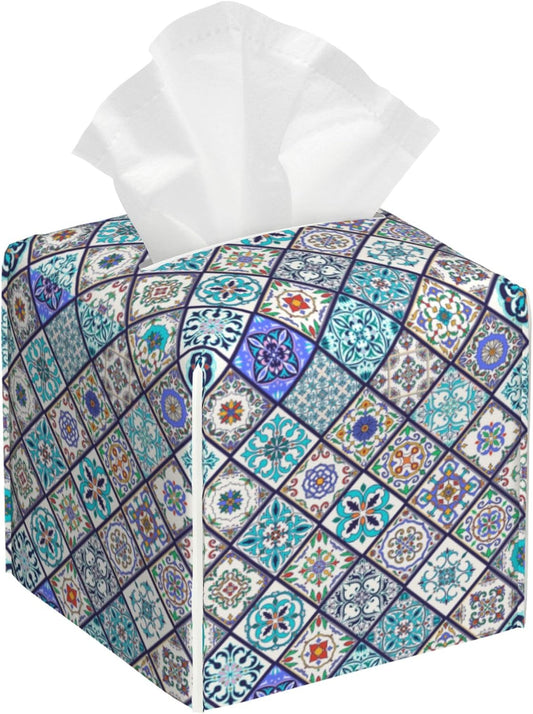 Square Tissue Box Cover Vintage Ceramic Tiles Tissue Box Holder Facial Cube Paper Dispenser Leather Decorative Organizer Home Office Desk Decor, 5.2"x5.2"x5.2"