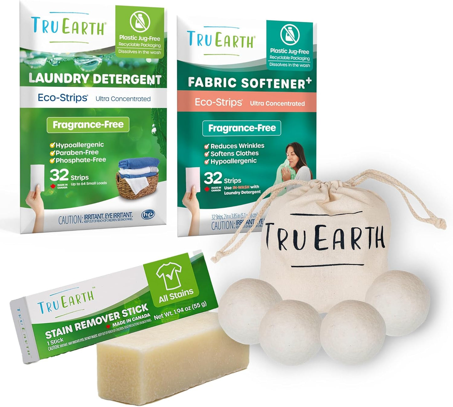 Tru Earth Laundry Essentials Bundle - Laundry Detergent Bundles Set with Fabric Softener, Laundry Sheets, Stain Remover Stick and Dryer Balls - Fragrance Free