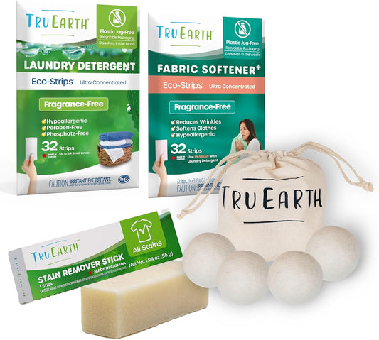 Tru Earth Laundry Essentials Bundle - Laundry Detergent Bundles Set with Fabric Softener, Laundry Sheets, Stain Remover Stick and Dryer Balls - Fragrance Free