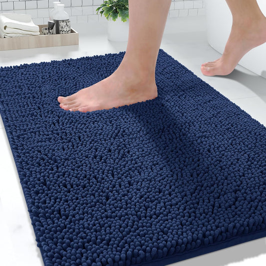 Yimobra Washable Bathroom Rugs, Super Soft & Absorbent Chenille Bath Mat for Floor & Carpet, Quick Dry Non Slip Bath Mat for Tub Shower, 32"x20",Navy Blue