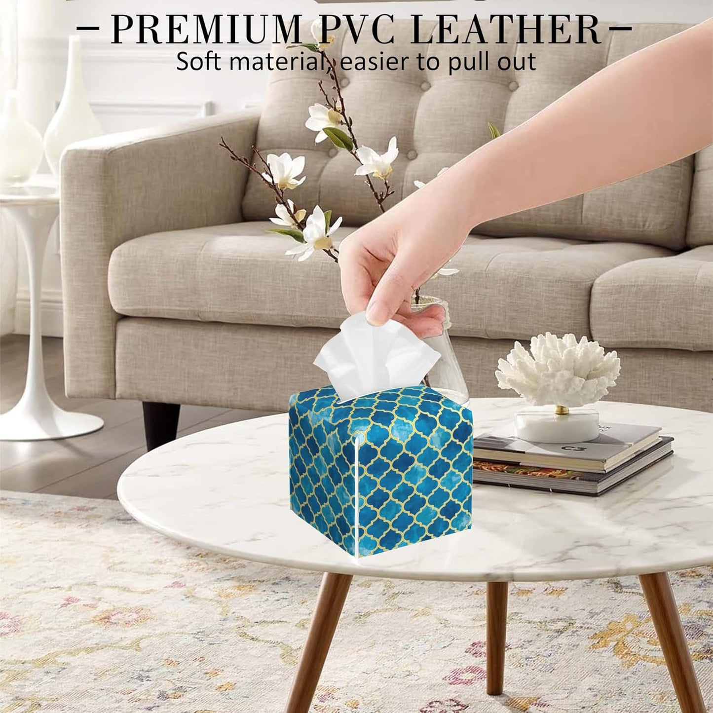 Tissue Box Holder Blue Moroccan Tile Tissue Box Cover Square Leather Tissue Holder Organizer Portable Decorative Facial Paper Case for Home Office Bathroom Vanity Countertop