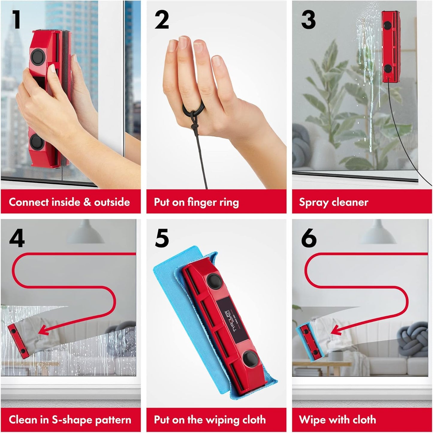 Tyroler Magnetic Window Cleaner | for Single-Glazed Windows 0.1"-0.3" ONLY | The Glider S-1 Glass Cleaner | 3M Anti-Fall Rope | Double-Sided Cleaning
