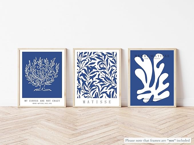 Henri Matisse Canvas Wall Art Poster Set of 3, Abstract Blue and White Line Wall Decor Paintings, Modern Minimalist Prints Aesthetic Home Decor for Living Room Bedroom Office 12x16 inch Unframed