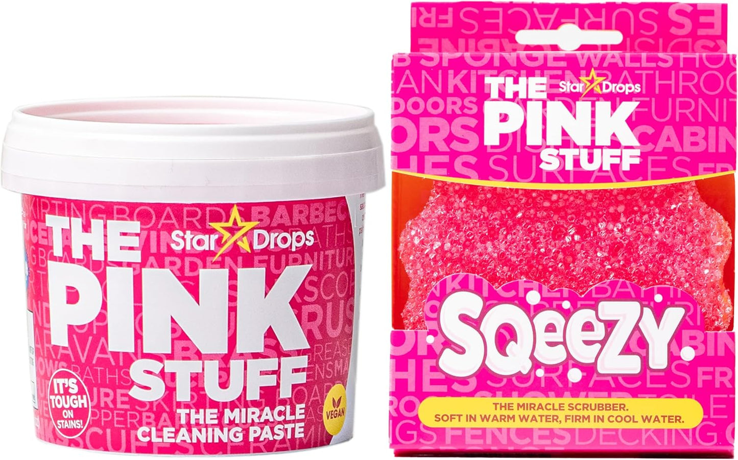 Stardrops - The Pink Stuff Miracle Cleaning Paste & SQeeZY Scrubber Sponge Bundle – All-Purpose, Non-Scratch Cleaner for Kitchens, Bathrooms, Walls, Floors, Pots, Grout, and More