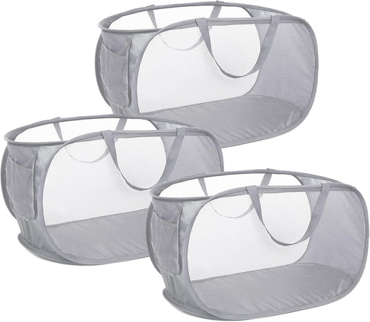 3 Pack Collapsible Laundry Baskets, Foldable Laundry Basket with Pocket, Mesh Pop Up Hampers, Reinforced Handles Dirty Clothes Hamper for Laundry, Bedroom, Bathroom, Dorm, Travel or Camping Grey