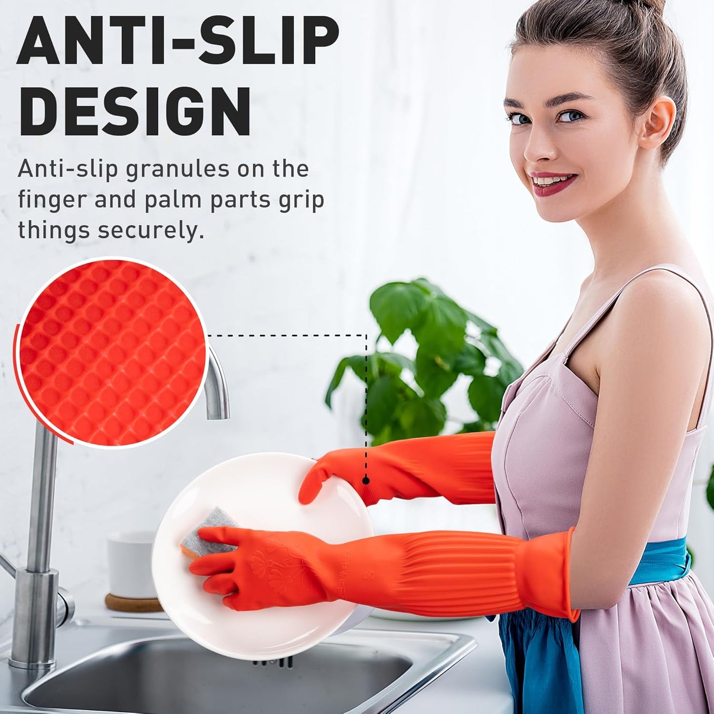 ThxToms Rubber Dishwashing Cleaning Gloves (2-Pair) - Soft Fleece Lining, Reusable, Waterproof with Extra-Long Cuff & Non-Slip Grip for Household & Kitchen Use - Medium