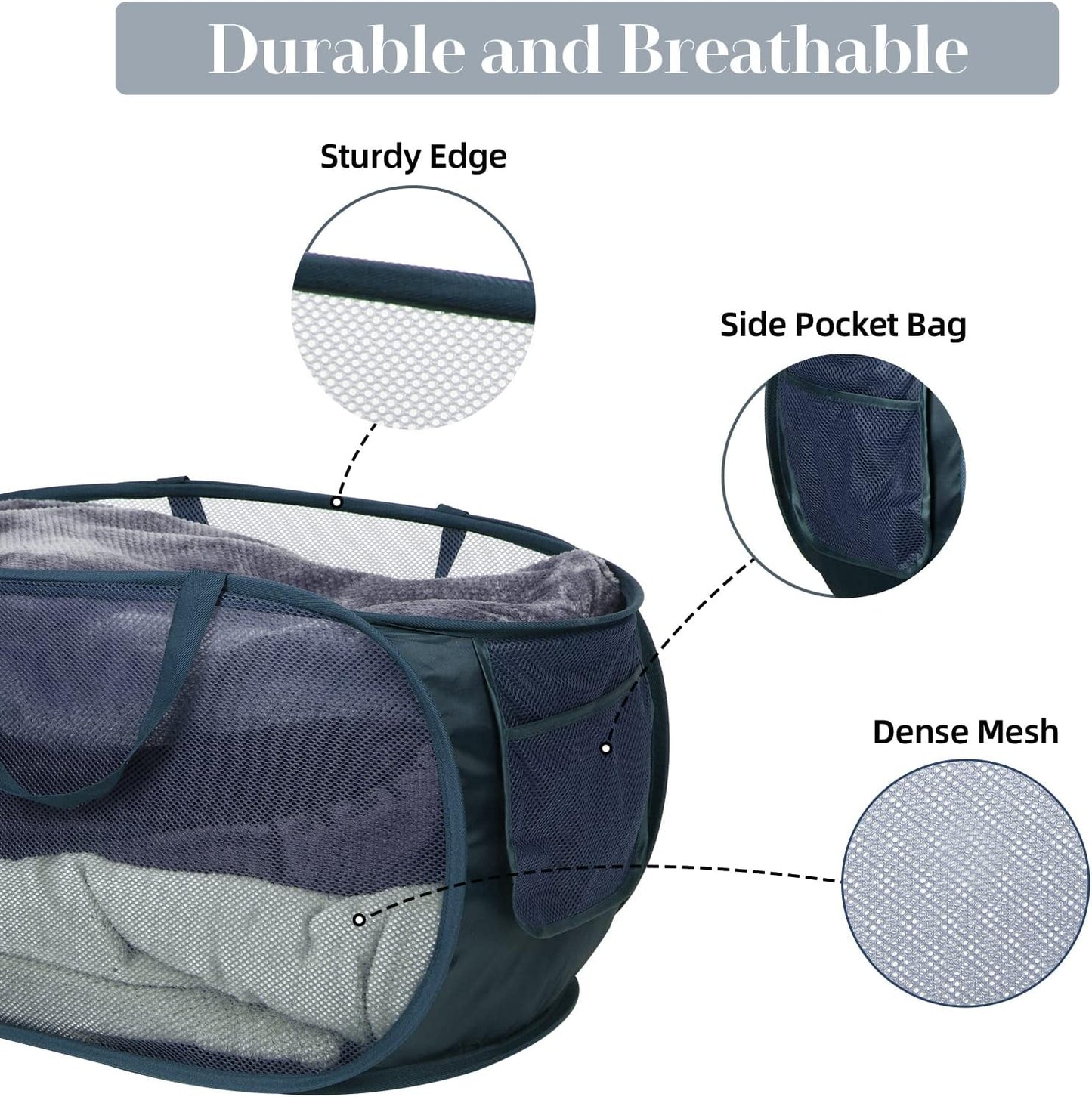 2 Pcs Durable Collapsible Laundry Baskets - Reinforced Mesh Pop Up Laundry Hamper with Pocket, Foldable Dirty Clothes Hamper with Carry Handles for Laundry, Bathroom, Kids Room, Dorm or Travel Navy