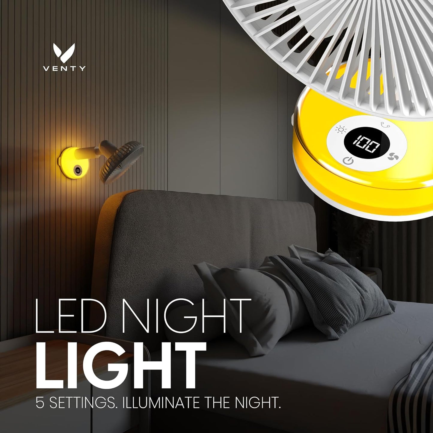 VENTY Portable Clip Fan - Rechargeable 10-Hour Battery Portable Fan - 360° Rotation & 90° Tilt - Stroller Fan, Desk Fan or Bedside Fan - Aromatherapy & LED Light - USB-C Rechargeable Clip On Fan