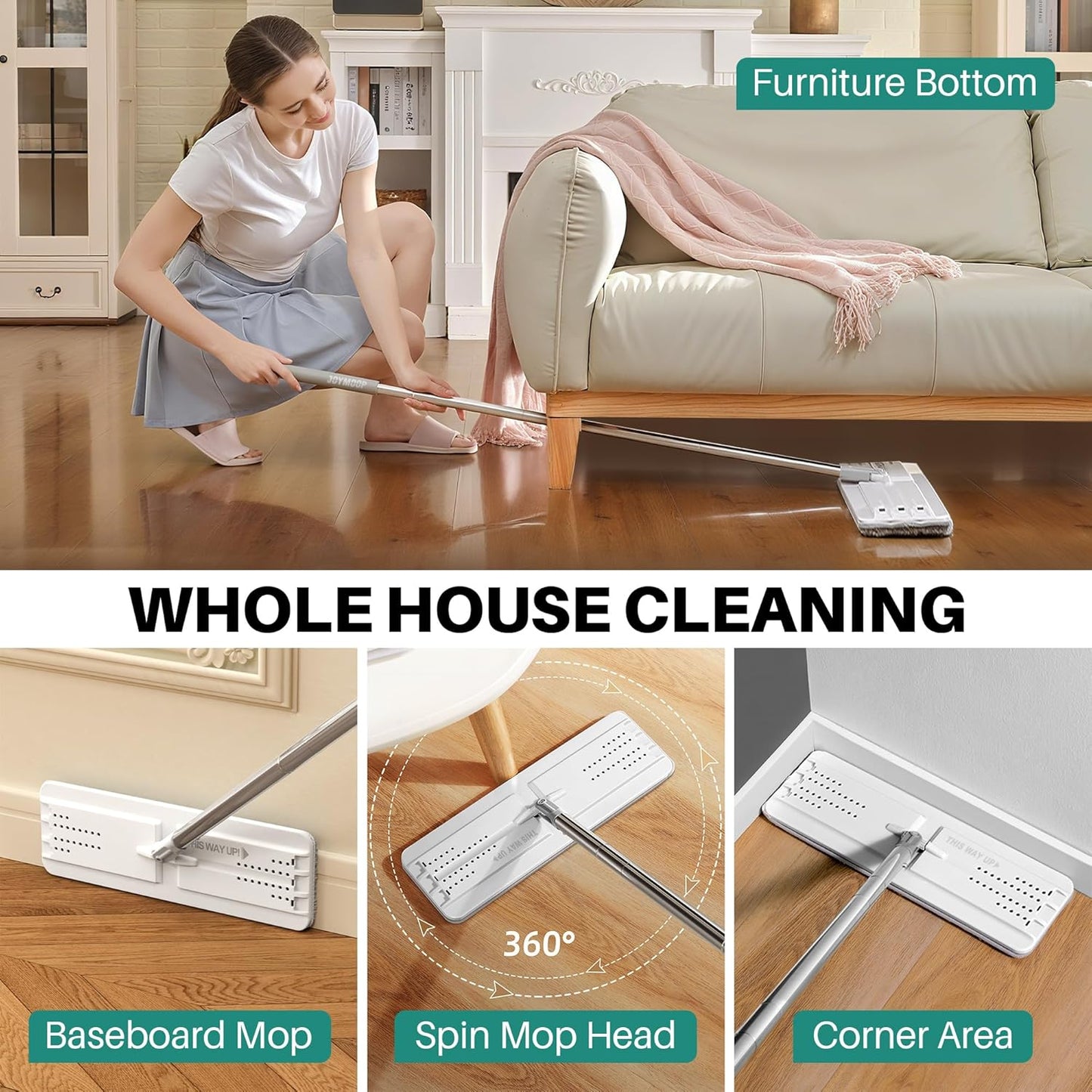 JOYMOOP Easy Clean and Self-Squeezing Microfiber Flat Mop and Bucket System, Mops for Floor Cleaning and Wall Cleaner, Hardwood, Tile, Laminate, Vinyl Floors, Smooth Walls, and Glass Windows